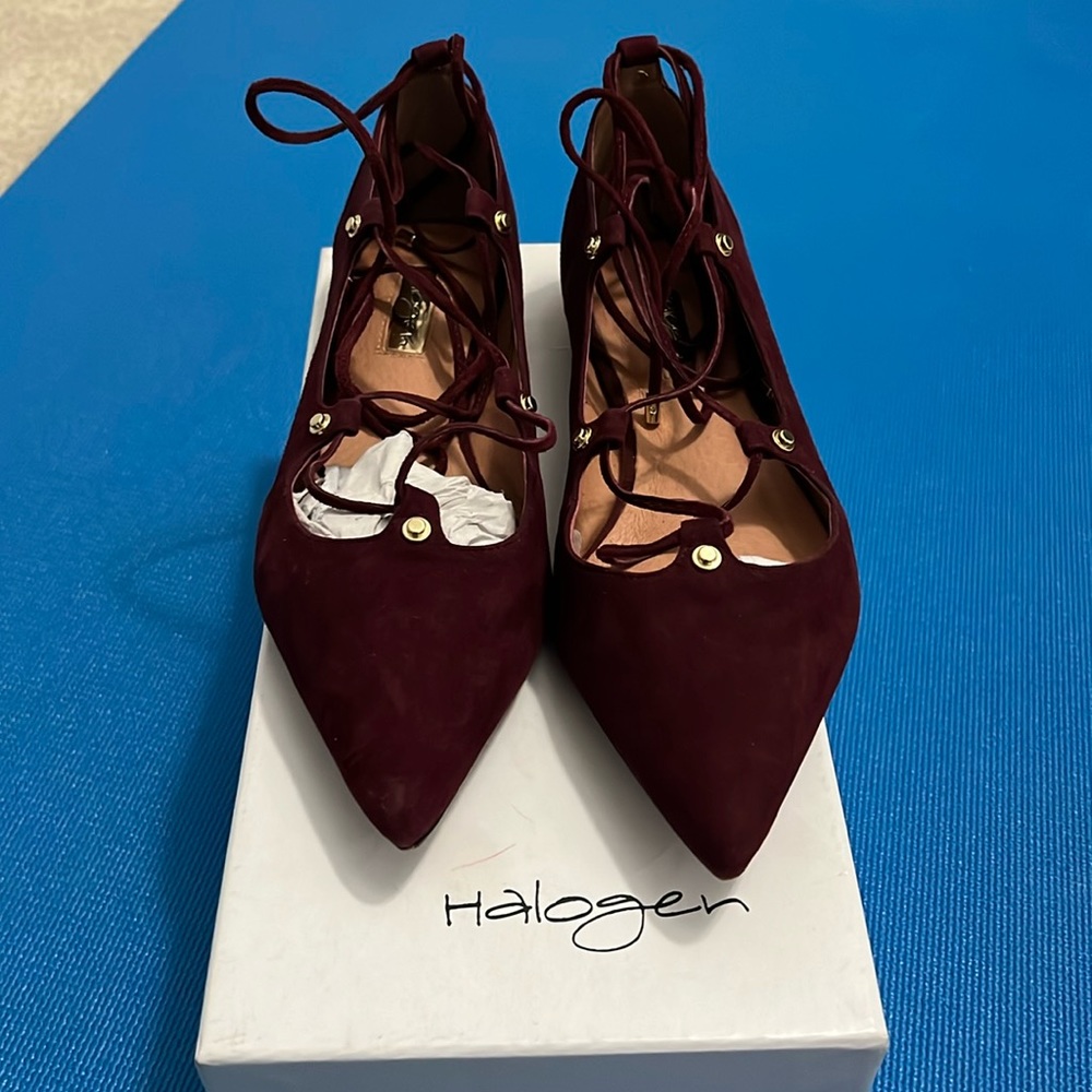 Halogen Owen Pointy Toe Ghillie flats in Bordeaux Suede Size 7.5M